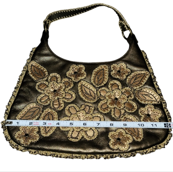 Isabella Fiore Gold Leather Satchel With Flower Appliqué - Picture 8 of 10